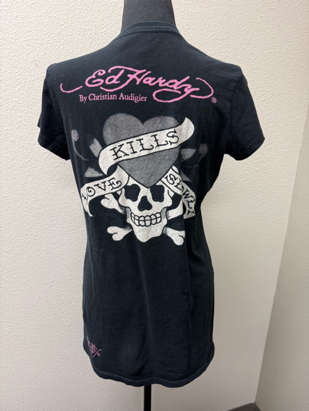 Ed Hardy Skull Heart Graphic Tee Black Love Kills Slowly Y2K Punk Top L - Picture 6 of 11